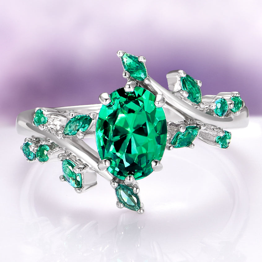 Emerald Leaf Couples Ring Set