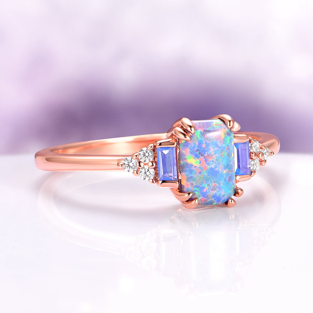 Light Blue Fire Opal & Opalescent Sapphire Couples Ring Set