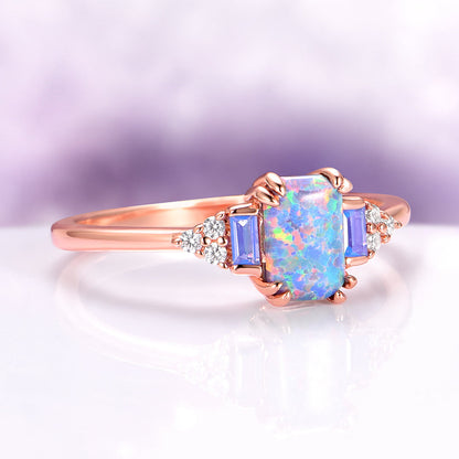 Light Blue Fire Opal & Opalescent Sapphire Couples Ring Set