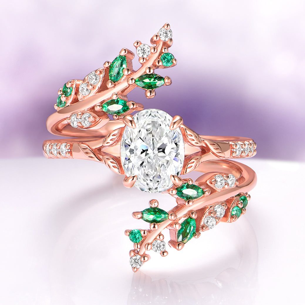 Simulated Diamond & Emerald Leaf Couples Ring Set