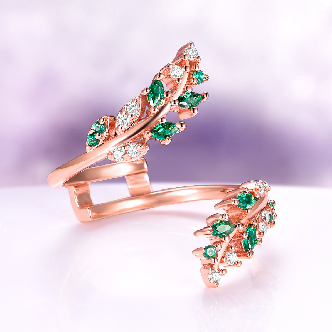 Simulated Diamond & Emerald Leaf Couples Ring Set