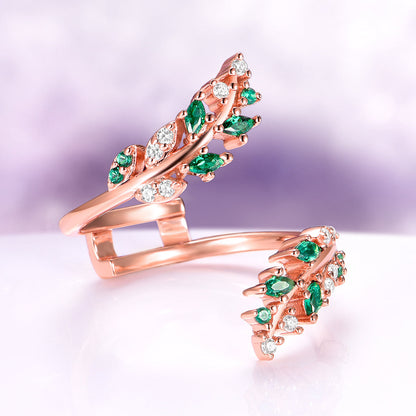 Simulated Diamond & Emerald Leaf Couples Ring Set