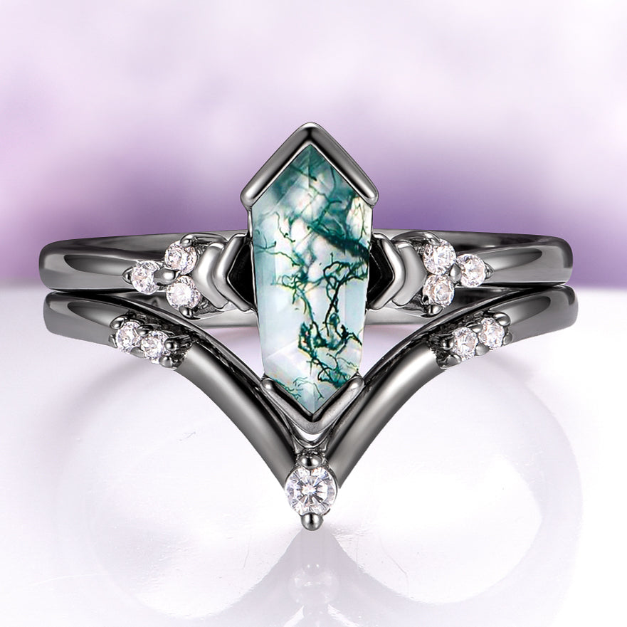 Hexagon Coffin Green Moss Agate Couples Ring Set