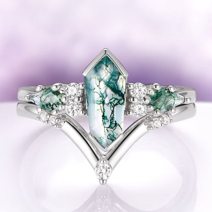 Hexagon Coffin Green Moss Agate Couples Ring Set