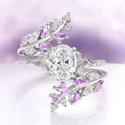 Simulated Diamond & Amethyst Leaf Couples Ring Set
