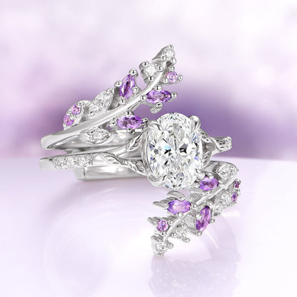 Simulated Diamond & Amethyst Leaf Couples Ring Set