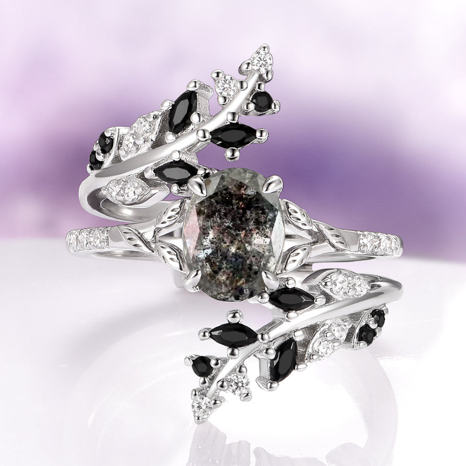 Galaxy Salt and Pepper (Herkimer) Diamond & Meteorite Couples Ring Set