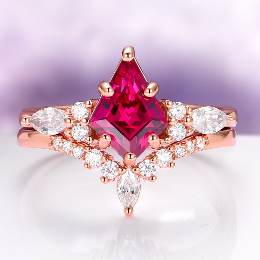 Skye Kite® Ruby & Rose Gold Leaf Couples Ring Set