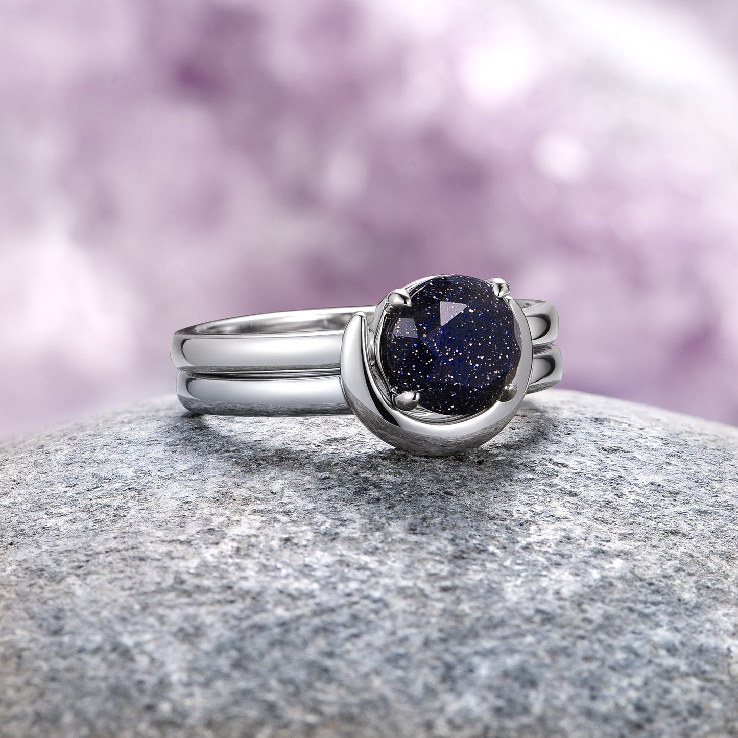 Starry Night Crescent Moon Couples Ring Set