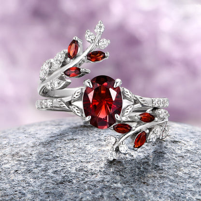 Unique Fireworks Cut Garnet & Whiskey Barrel Couples Ring Set