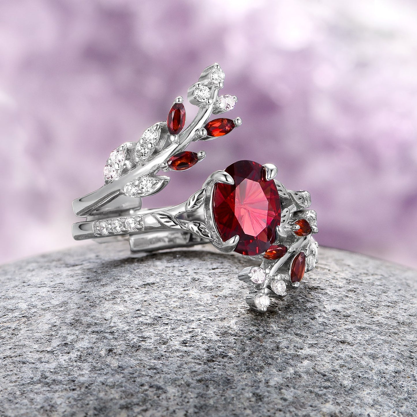 Unique Fireworks Cut Garnet & Whiskey Barrel Couples Ring Set
