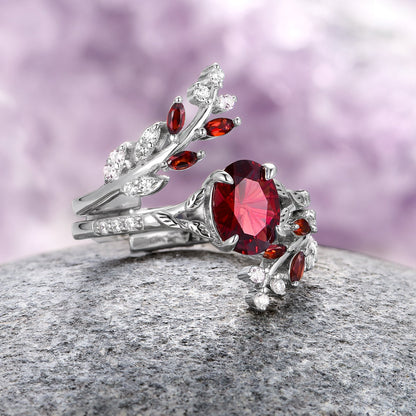 Unique Fireworks Cut Garnet & Whiskey Barrel Couples Ring Set