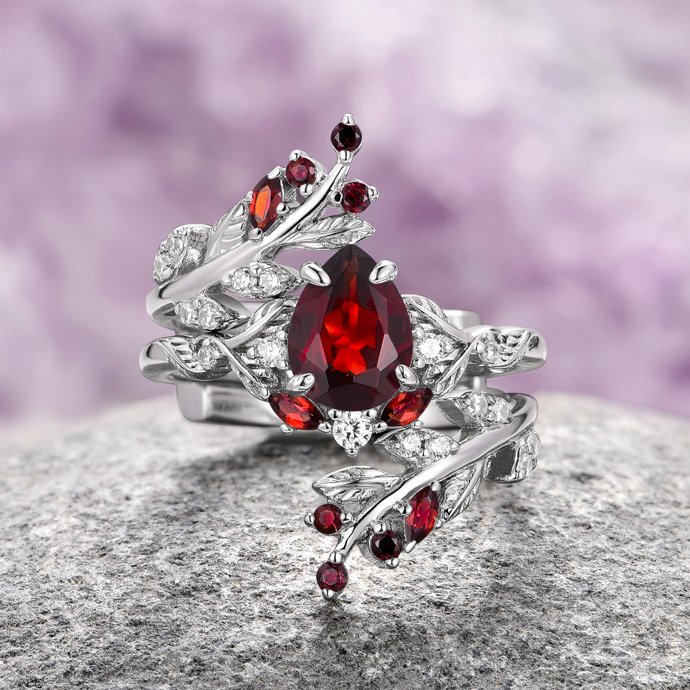 Wisteria Natural Red Garnet Leaf Couples Ring Set