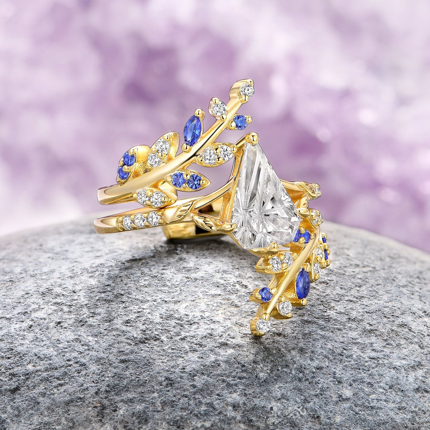 Blue Sapphire & Fantasy Shield Cut Diamond Couples Ring Set