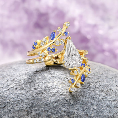 Blue Sapphire & Fantasy Shield Cut Diamond Couples Ring Set