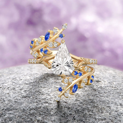 Blue Sapphire & Fantasy Shield Cut Diamond Couples Ring Set