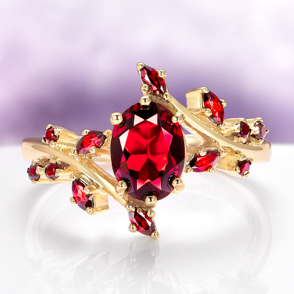 Natural Garnet & Red Fire Opal Leaf Couples Ring Set