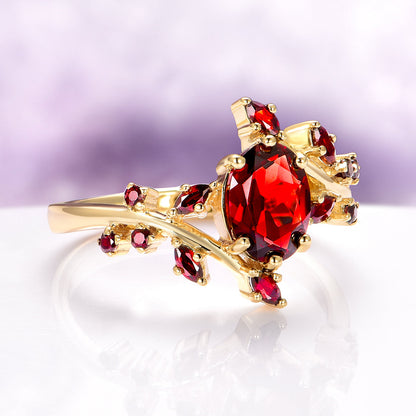 Natural Garnet & Red Fire Opal Leaf Couples Ring Set