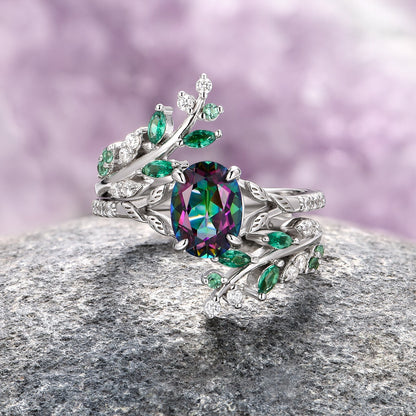 Mystic Topaz & Galaxy Opal Leaf Couples Ring Set