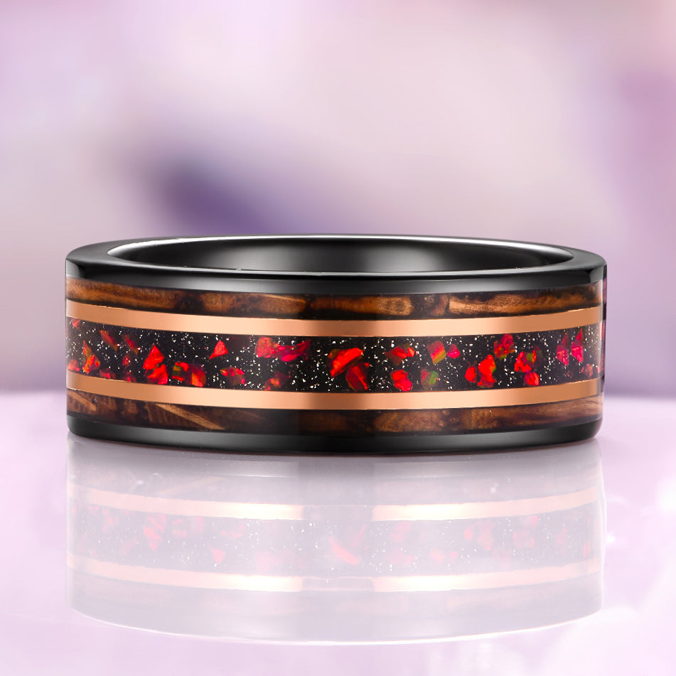 Garnet & Red Fire Opal Whiskey Barrel Couples Ring Set