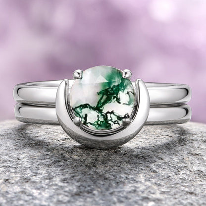 Green Moss Agate & Crescent Moon Couples Ring Set