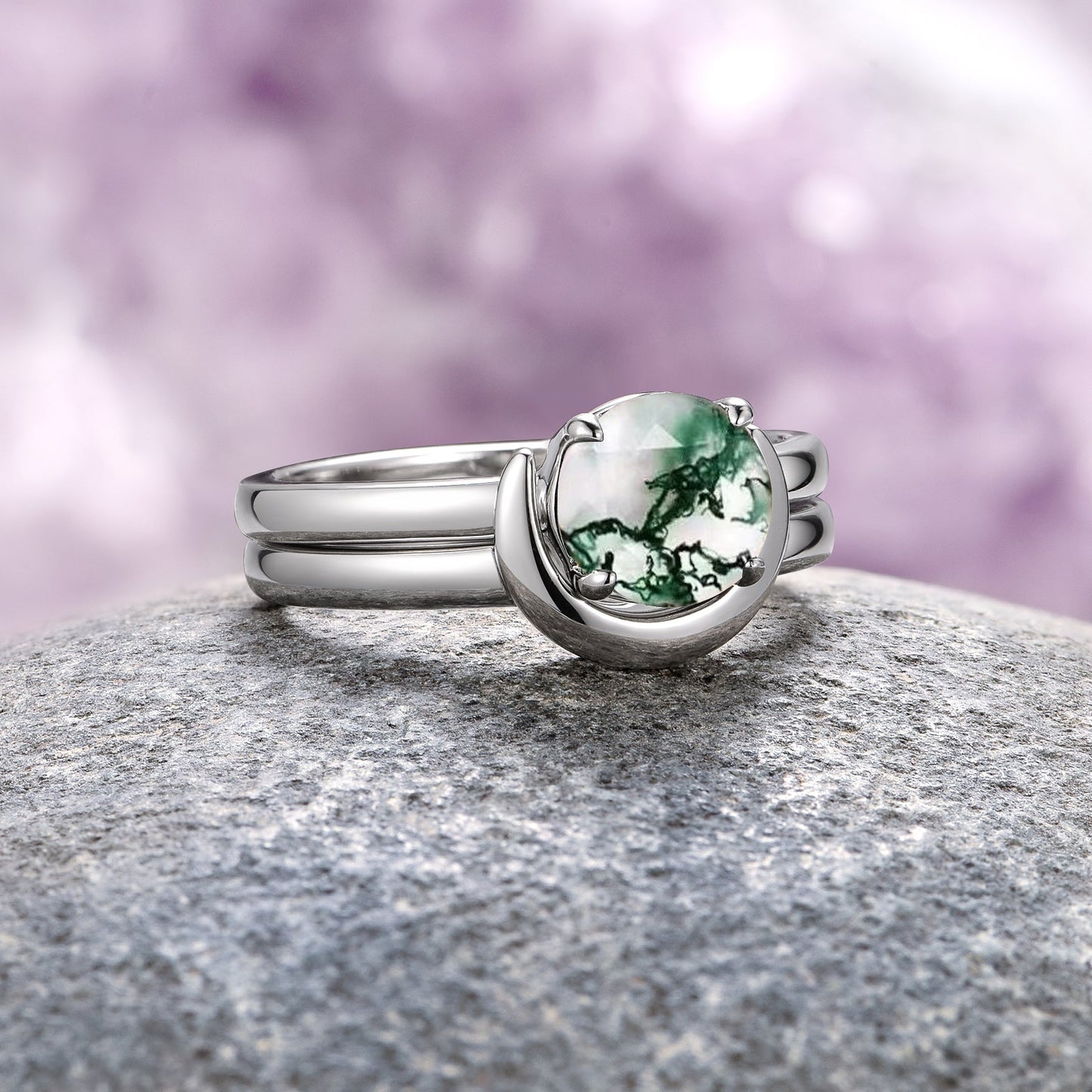 Green Moss Agate & Crescent Moon Couples Ring Set