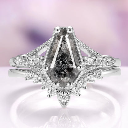 Galaxy Salt & Pepper (Herkimer) Diamond & Meteorite Couples Ring Set