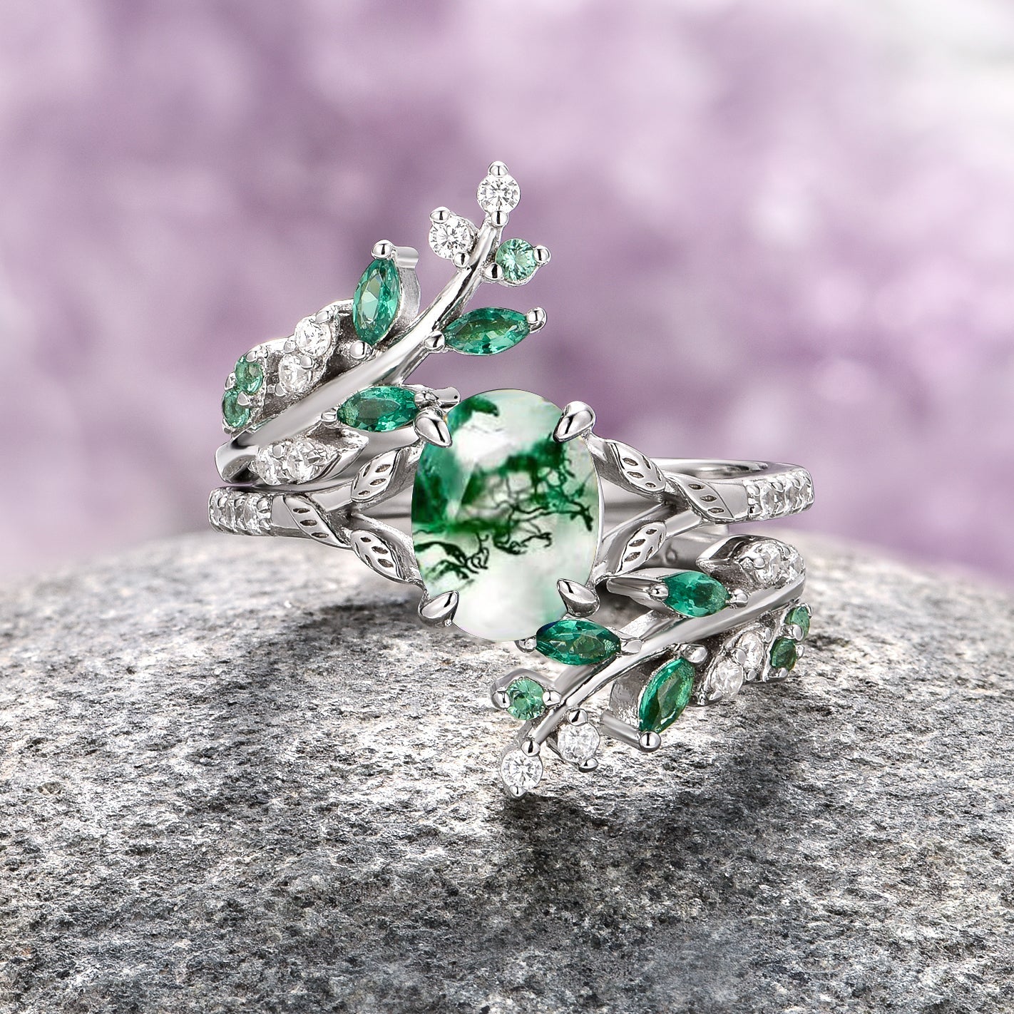 Moss Agate & Emerald Fairy Leaf Couples Ring Set
