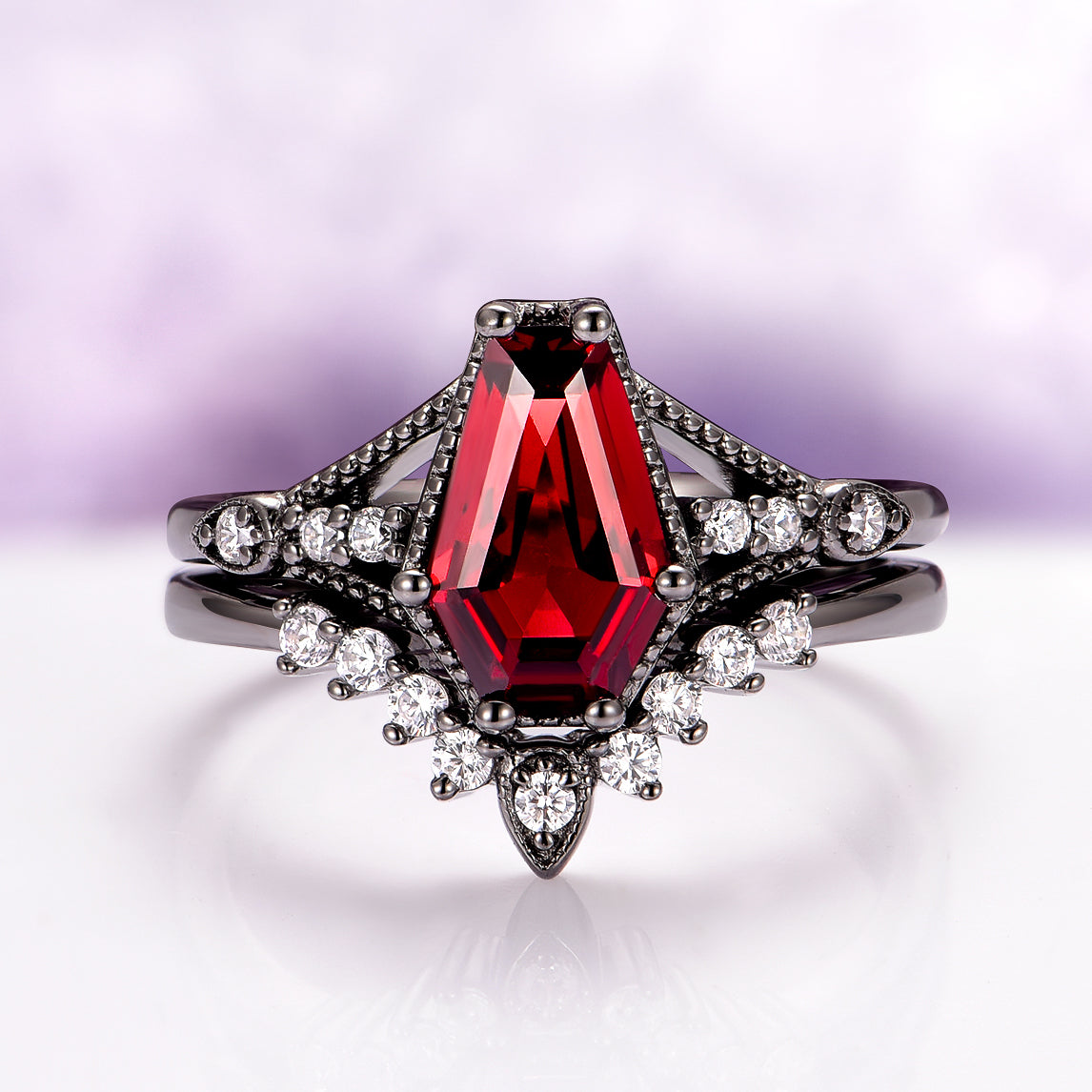Lilith Coffin Cut Natural Red Garnet Couples Ring Set