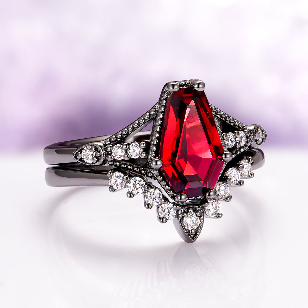 Lilith Coffin Cut Natural Red Garnet Couples Ring Set