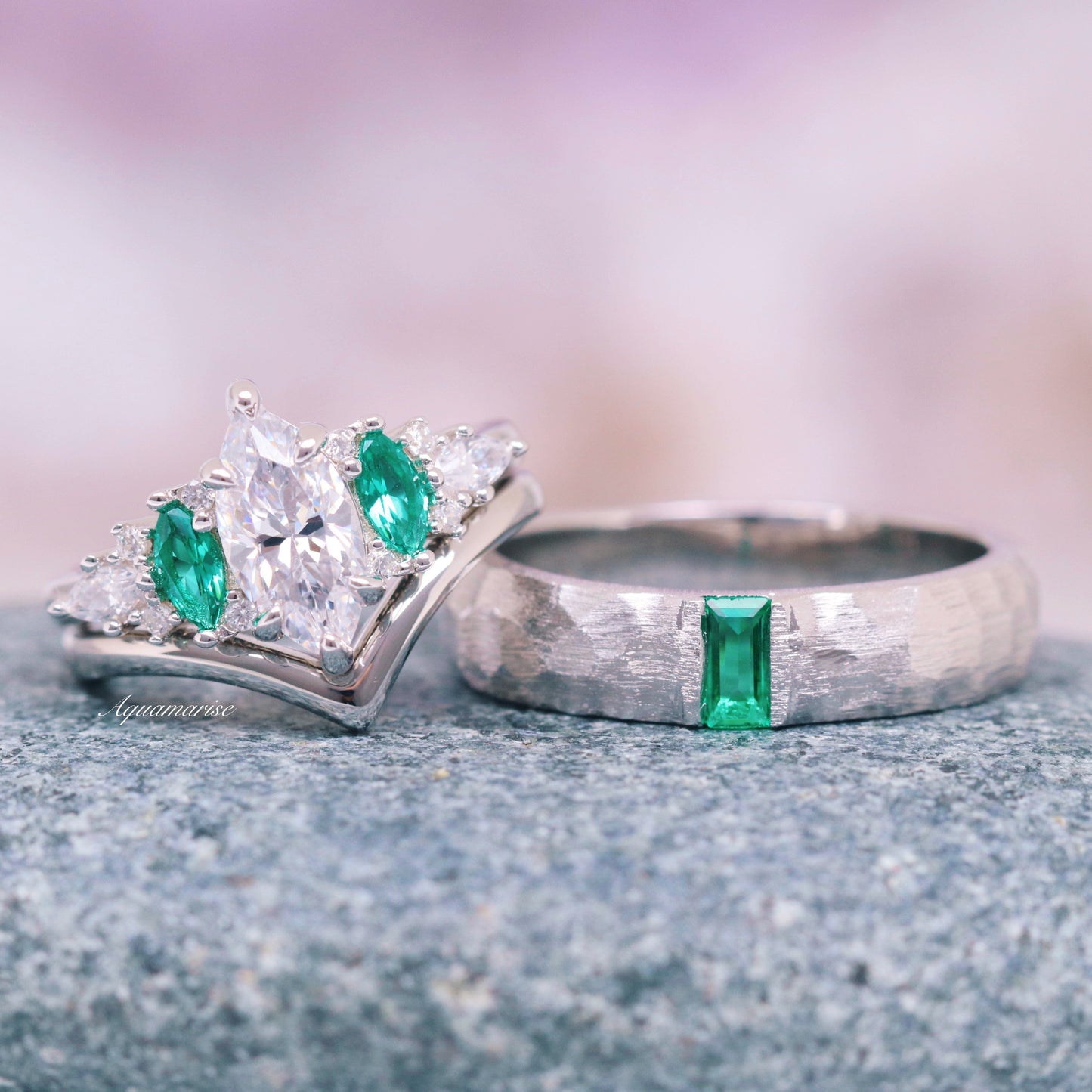 Emerie Simulated Diamond & Emerald Couples Ring Set