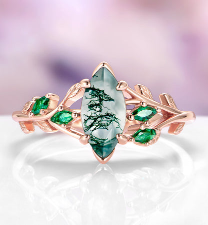 Moss Agate, Peacock Opal & Whiskey Barrel Wood Couples Ring Set