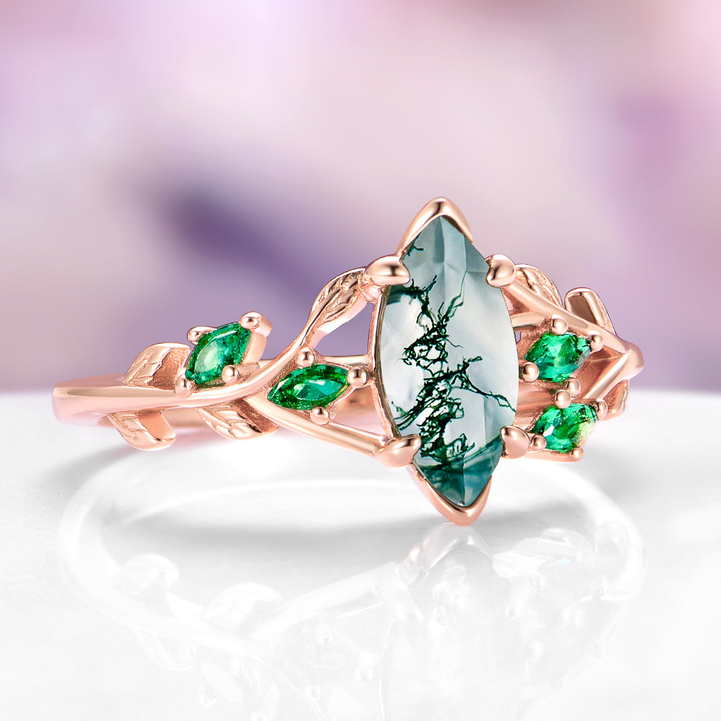 Moss Agate, Peacock Opal & Whiskey Barrel Wood Couples Ring Set