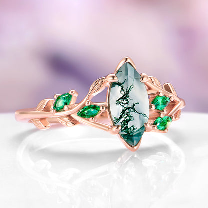 Moss Agate, Peacock Opal & Whiskey Barrel Wood Couples Ring Set