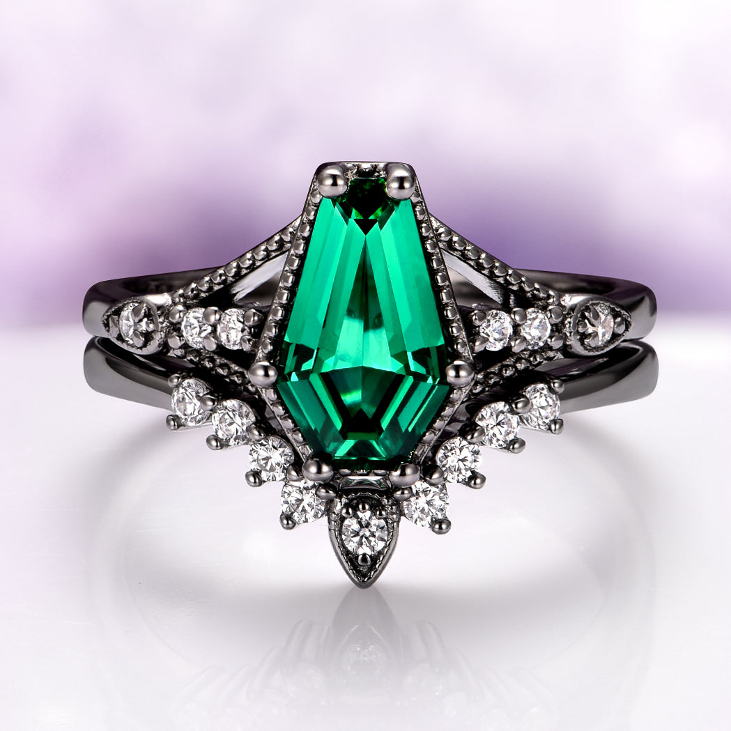 Lilith Coffin Cut Emerald & Green Fire Opal Couples Ring Set