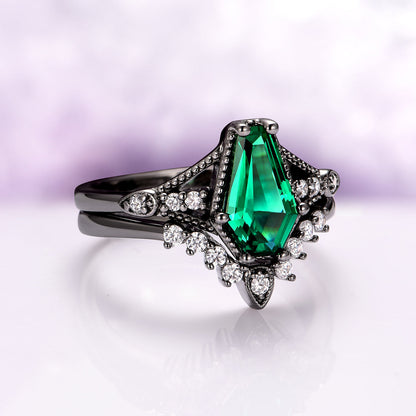 Lilith Coffin Cut Emerald & Green Fire Opal Couples Ring Set