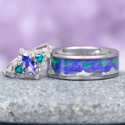 Borealis Tanzanite & Teal Sapphire Couples Ring Set (Mountain Range)
