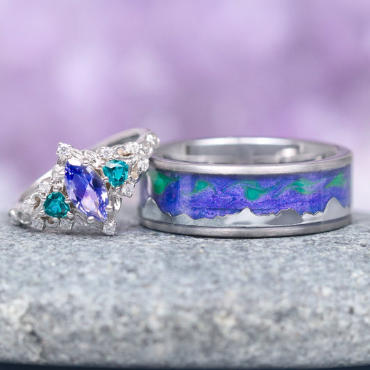 Borealis Tanzanite & Teal Sapphire Couples Ring Set (Mountain Range)
