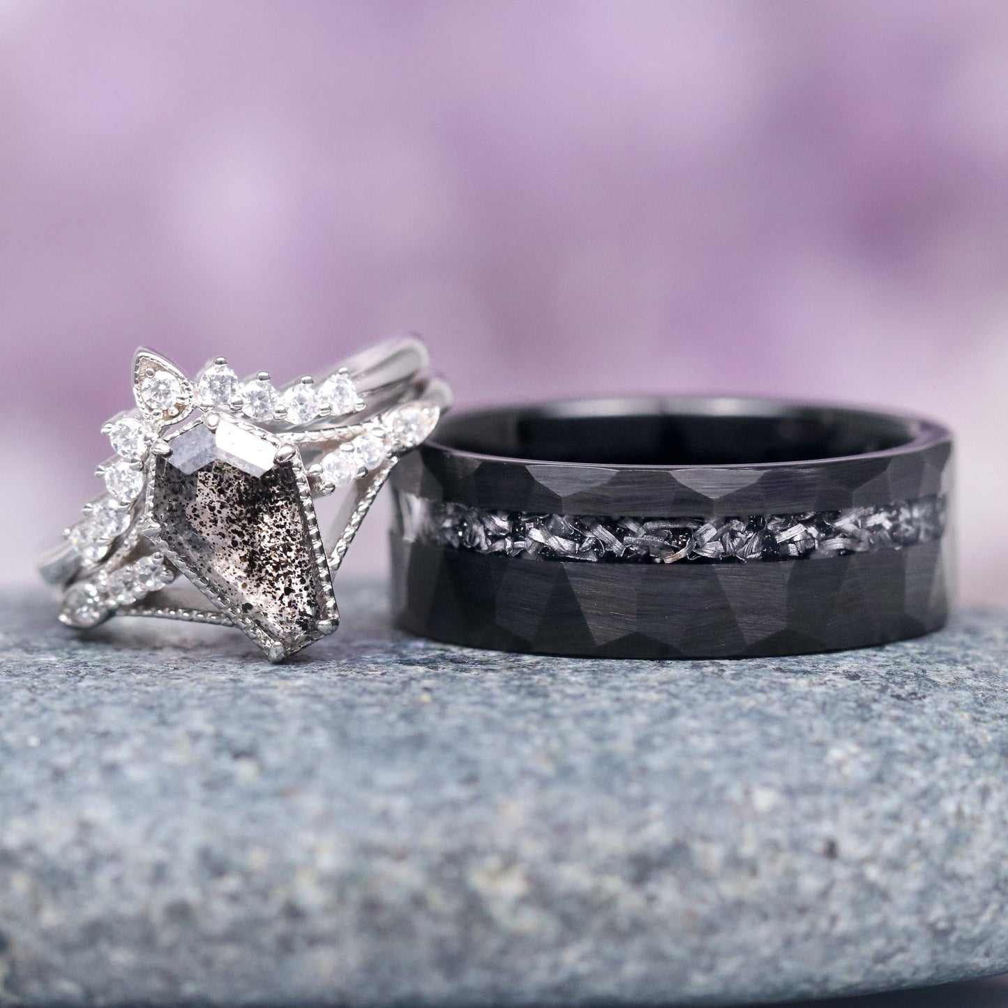 Galaxy Salt & Pepper (Herkimer) Diamond & Meteorite Couples Ring Set