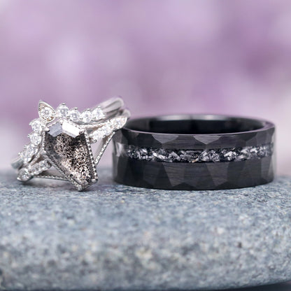 Galaxy Salt & Pepper (Herkimer) Diamond & Meteorite Couples Ring Set