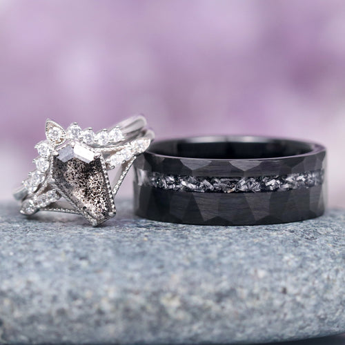 Galaxy Salt & Pepper (Herkimer) Diamond & Meteorite Couples Ring Set
