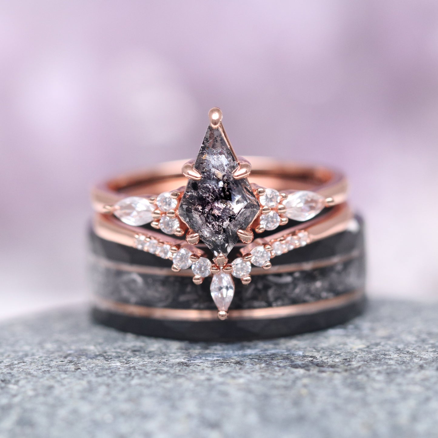 Skye Kite® Galaxy Salt & Pepper (Herkimer) Diamond & Meteorite Couples Ring Set