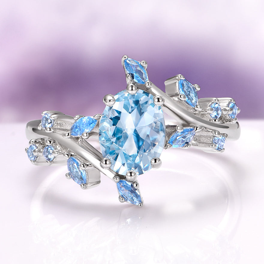 Aquamarine Leaf Couples Ring Set
