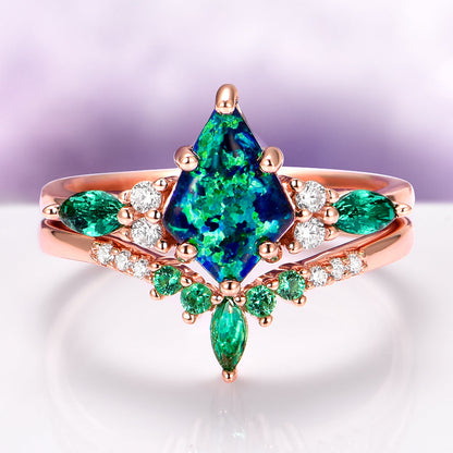 Skye Kite®  Peacock Fire Opal & Emerald Couples Ring Set