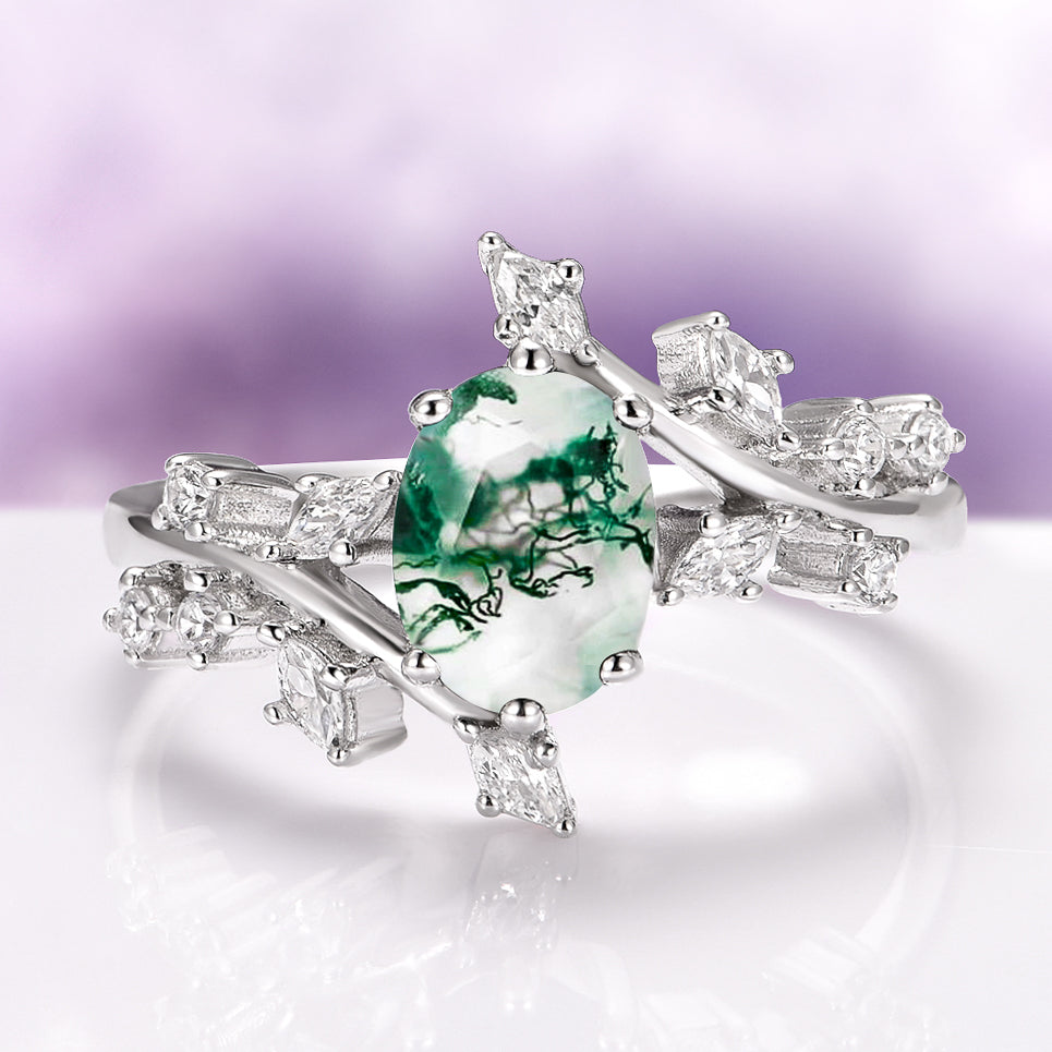 Moss Agate Leaf Couples Ring Set