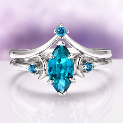 Borealis Forest & Teal Sapphire Couples Ring Set- Northern Lights & Trees
