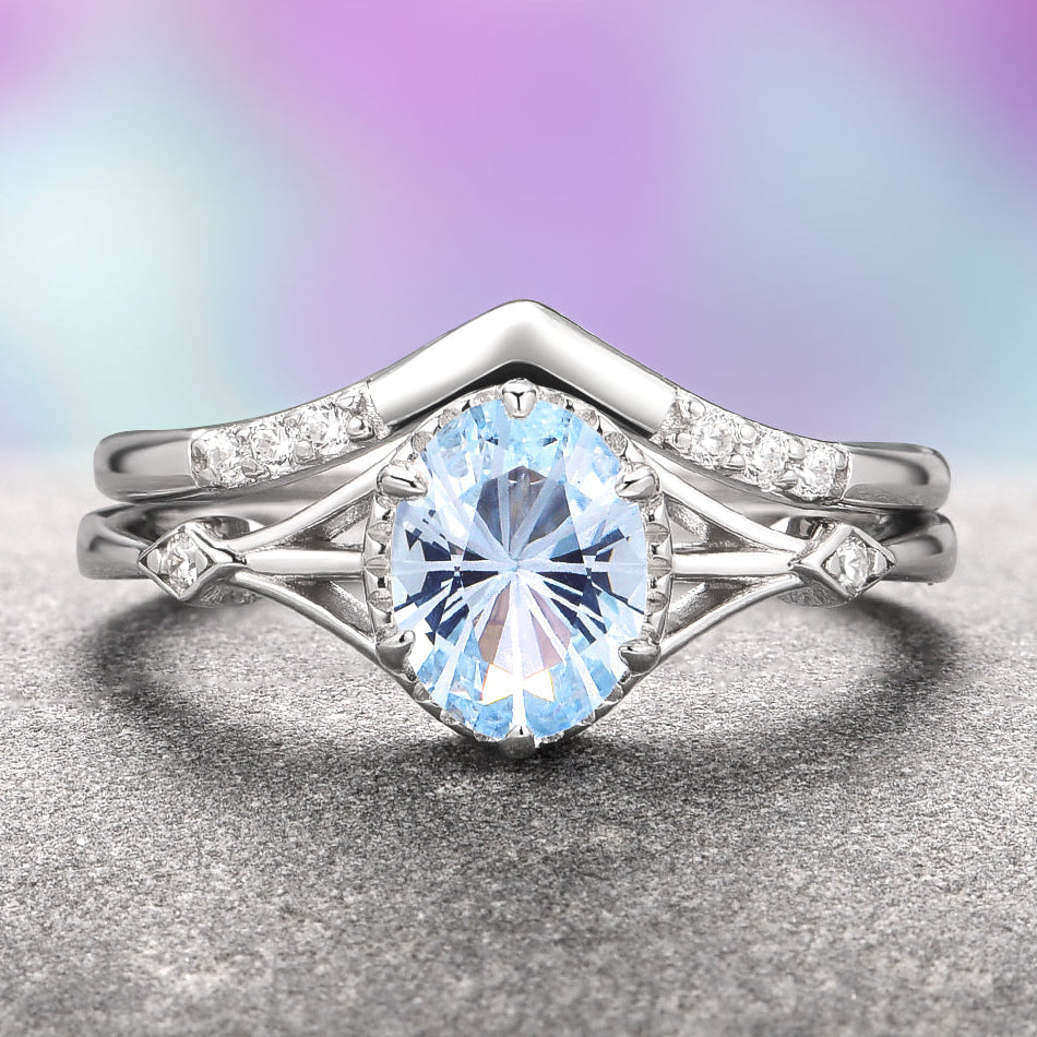 Fireworks Cut Aquamarine Couples Ring Set