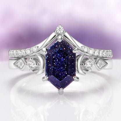 Elara Starry Night and Crescent Moon Couples Ring Set