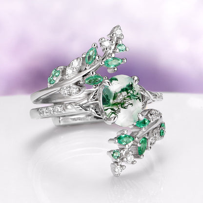Moss Agate & Emerald Fairy Leaf Couples Ring Set