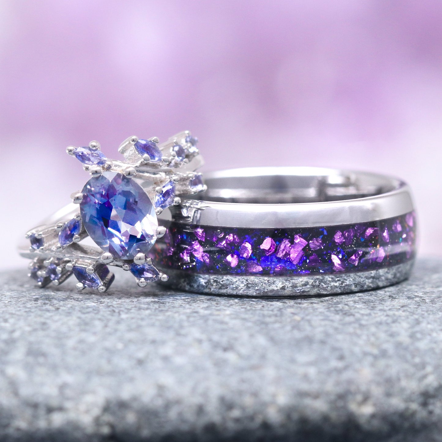 Galaxy Alexandrite Leaf Couples Ring Set
